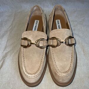 Steve Madden Beige Suede Loafers with Gold Buckles